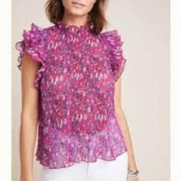 Anthropologie Frieda Pink Accordion Micro Pleated Ruffle Floral Small Blouse - Picture 1 of 8